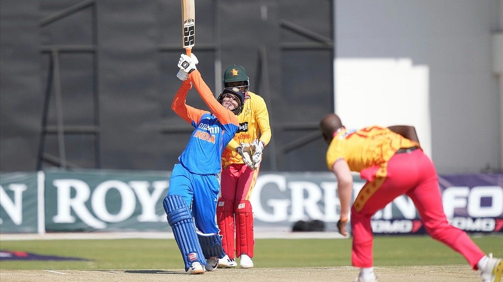 Abhishek Sharma hits a big one en route his first-ever international century during the India vs Zimbabwe, 2nd T20I in Harare on Friday (July 7, 2024). - AP Photo 